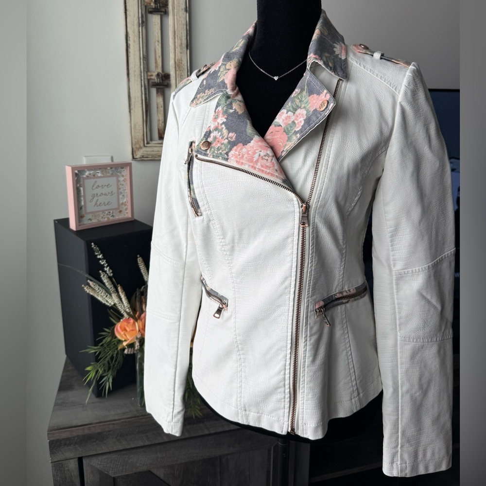 Jessica Simpson White Moto Jacket with Pink Floral Trim